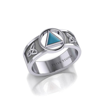 Silver Celtic Trinity Knot Men Ring with Inlaid Recovery Symbol TRI2434 - Jewelry